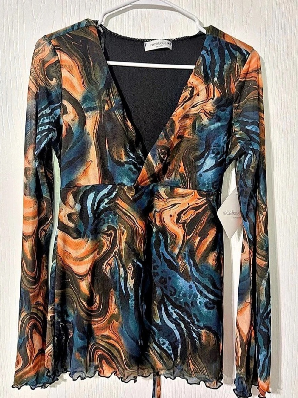 rebelicious Abstract Wrap Mini Dress in Black & Blue NWT
